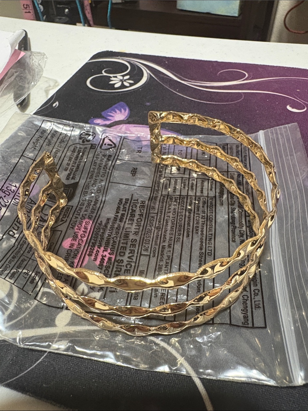 Textured Gold-Tone Triple Band Cuff Bracelet for Women